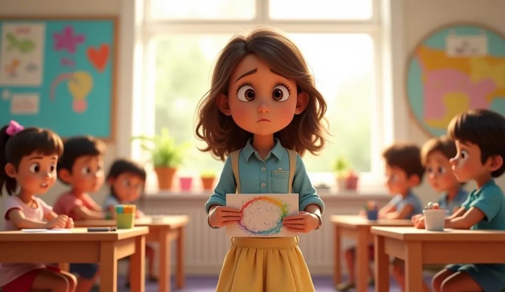 "Mia,  poor girl, loose wavy hair, brown hair, nervous expression, soft blue shirt, light yellow skirt, standing in a bright classroom, holding her simple painting, surrounded by other students' bold and colorful artworks, classroom filled with colorful de...