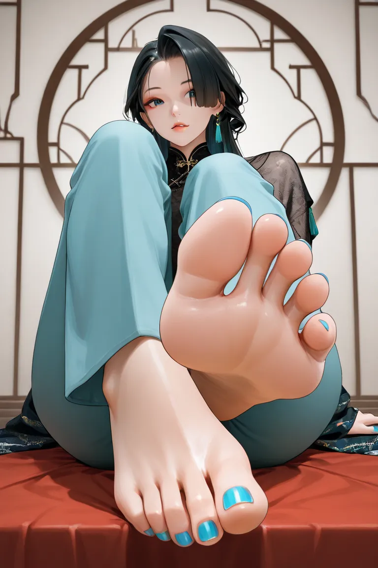 barefoot, 1girl, soles, feet, foot_focus, looking_at_viewer, solo, blue_nails, toes, asian, jewelry, black_hair, long_hair, nail_polish, pants, toenails, sitting, earrings