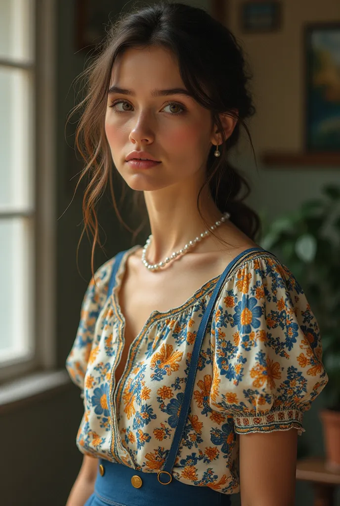 A girl in a blouse with an azulejo pattern