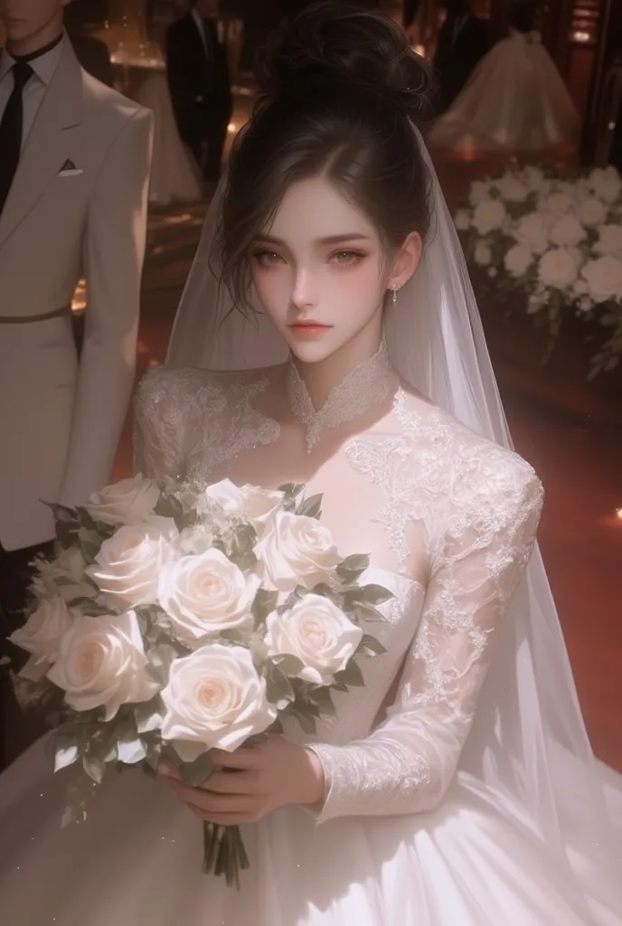 1 woman, beautiful light expression, shoulder-high bobble, black hair, soft hair, forehead, black eyes, double eyelidless eyes, wedding dress, holding bouquet with both hands, wedding hall, beautiful light expression, pale blush on the face, distancing fro...