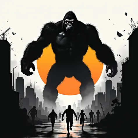 Black and white poster showing a silhouette of a city collapsing and people running in terror from the destruction being wrought by a giant gorilla like a King Kong robot. Behind this gorilla can be seen an orange dawn. Use minimum details , maximum 3 colo...