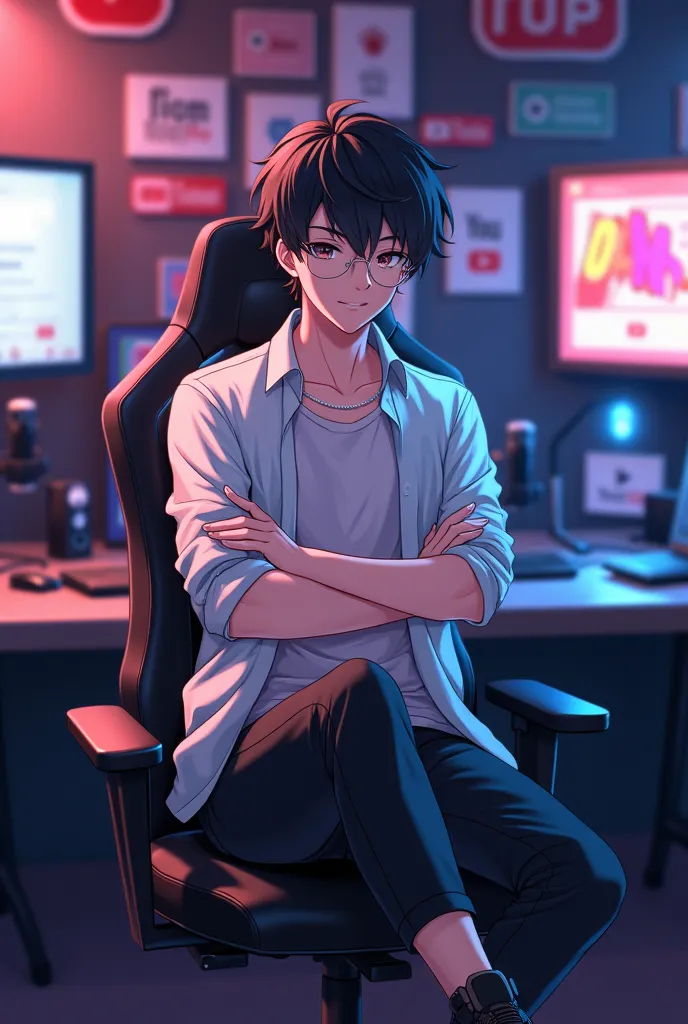 Anime YouTuber Studio Image Request

An anime-style male character sits confidently in a high-tech, professional YouTube studio, appearing as a famous and viral YouTuber. The background wall is filled with multiple signboards, adding to the engaging atmosp...