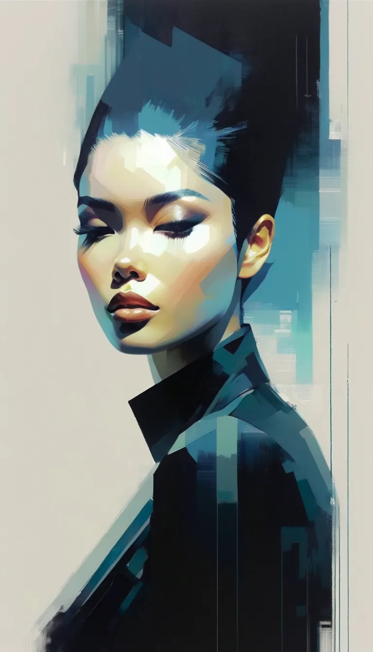 (minimalism:1.4), (clean:1.4), .(arte inspirada em Bill Sienkiewicz, detalhes intrincados, pintura a óleo)painting of a black woman sentada her undercut and a suit, inspired by Sam Spratt, inspired by Karl Kopinski, (clean:1.4), CCDDA Artstyle, james jean,...