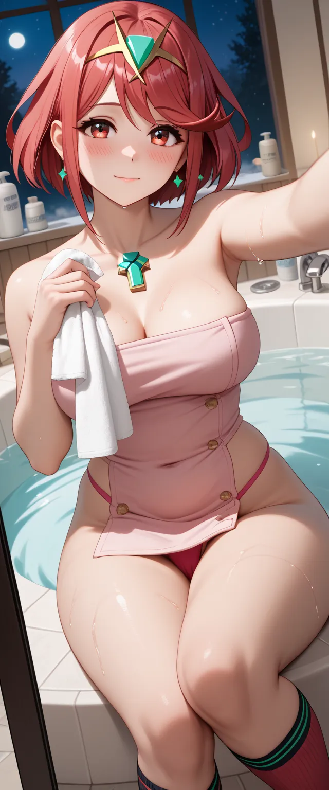 has, perfect lighting , beautiful and detailed eyes , (( masterpiece,  22 year old Best quality  )) masterpiece, 4k, ultra detailed, cosplay de pyra,  of foot, crystalline red eyes, Shiny hair,  blushed ,  slightly large thighs,  slightly wide hips , looki...