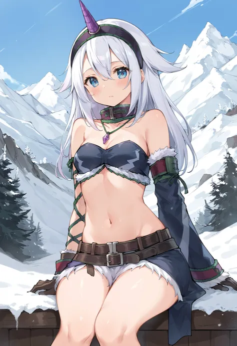 ( score_9:0.9), score_8_up, score_7_up,rating_explicit, anime style,(zPDXL), r armor, purple single horn headband, 1 young_girl, Alone, long_gloves, black_knee_high , white_long_hair, shaggy_bang,Blue Eyes, snow, under the arm, arms, medium_breasts , b...