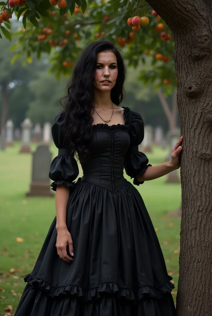 White Woman, black hair, greetings and wavy, black dress, ancient, of the period, black round skirt with black ruffles, Woman in front of a big tree,full of fruits, With my hand on the tree, fundo de um cemitério ancient, mist