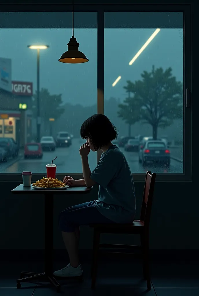 a lonely girl eating fries and ice cream in a convenience store and it's raining outside (no face)