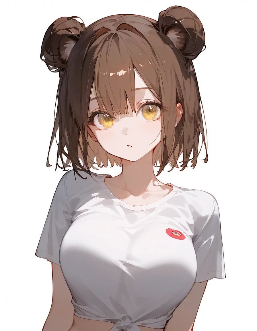 girl,Brown Hair,Bear ears,girlจีน,in yellow eyes,big breasts,My hair is tied in a bun.,cute looking,shirt,Light Red Blouse,Focus on the face,slim,navel,white background,Long eye border,Focus on the faceอก, short hair ,big breastsมาก,sagawa art, long hair