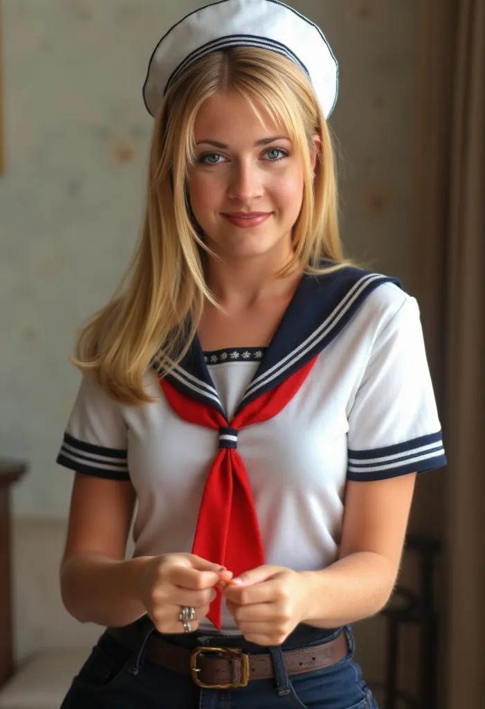   of 8k     , realistic,Women,age 32 years,Semi-blonde hair    ,    normal breast    ,   The body is the closest thing to Melissa Joan Hart ,sexy sailor uniform    ,      posing sexy   ,little skirt,     sexy attitude costume    ,Objects,     sailor's hat ...