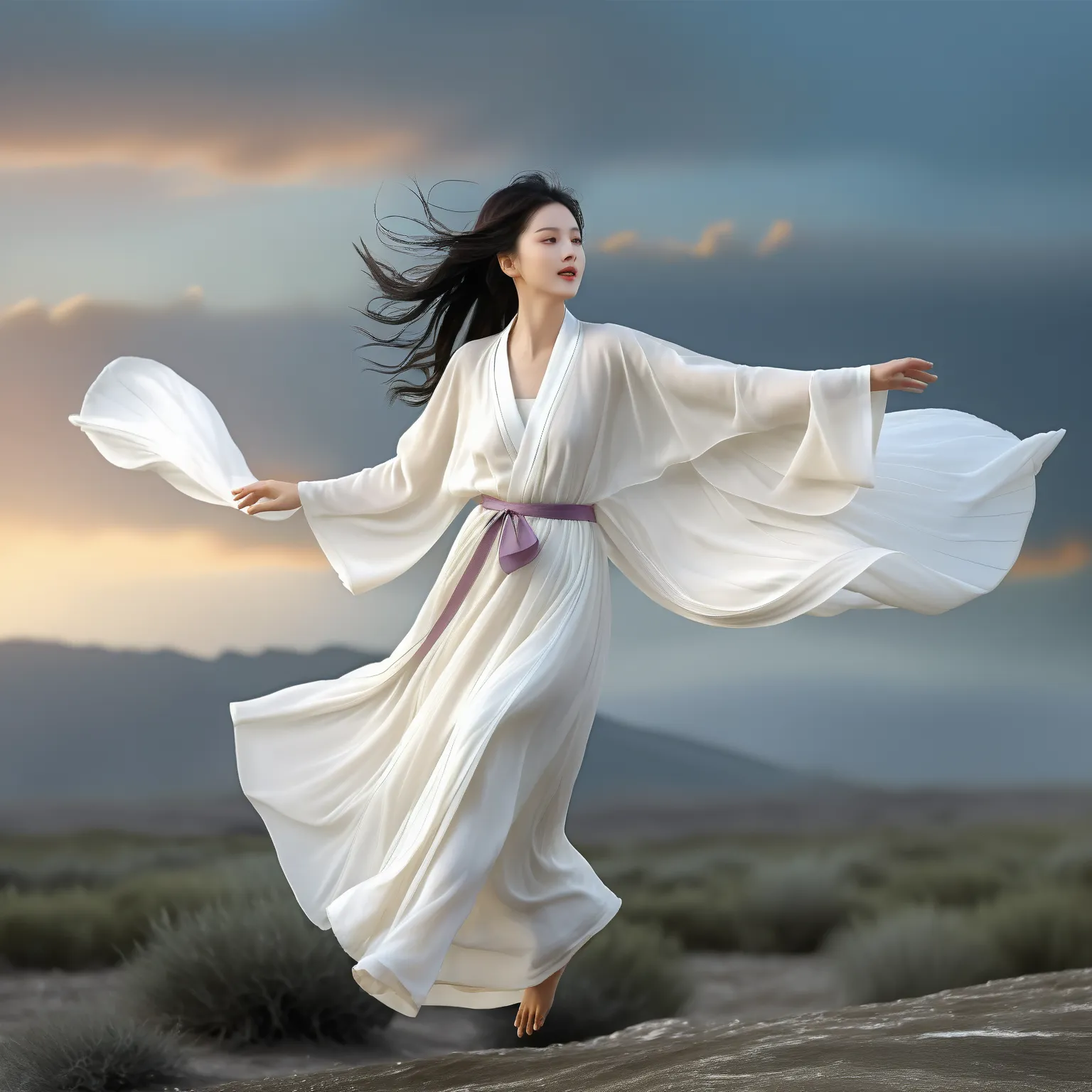 (A graceful woman in flight:1.4), (Dynamic floating movement:1.3), (Natural weightlessness:1.3), (Subtle forward lean:1.2), (Arms slightly extended:1.3), (One hand is stretched forward:1.2), (Elegant finger placement:1.2), (The robe flutters naturally with...