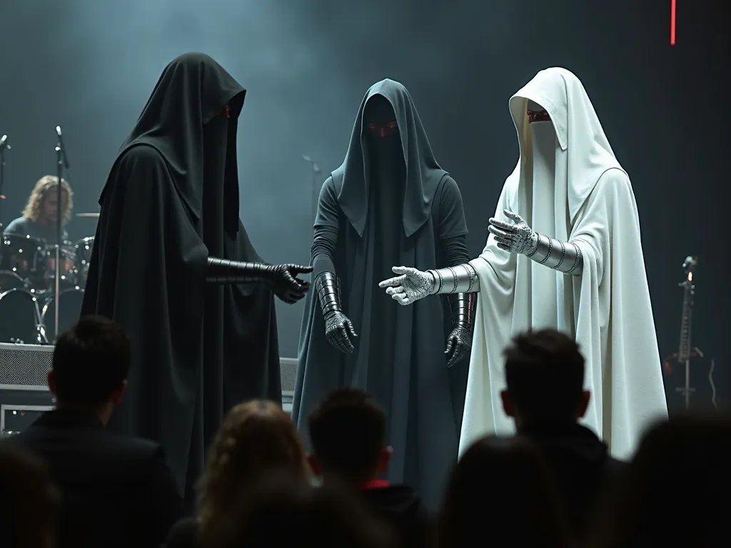 In the image, two mysterious figures wearing a black cloak that completely covers their face and the same figure wearing a white cloak can be seen. His arms are covered in armor-like metallic protection. Figures perform a concert for people on a music stag...