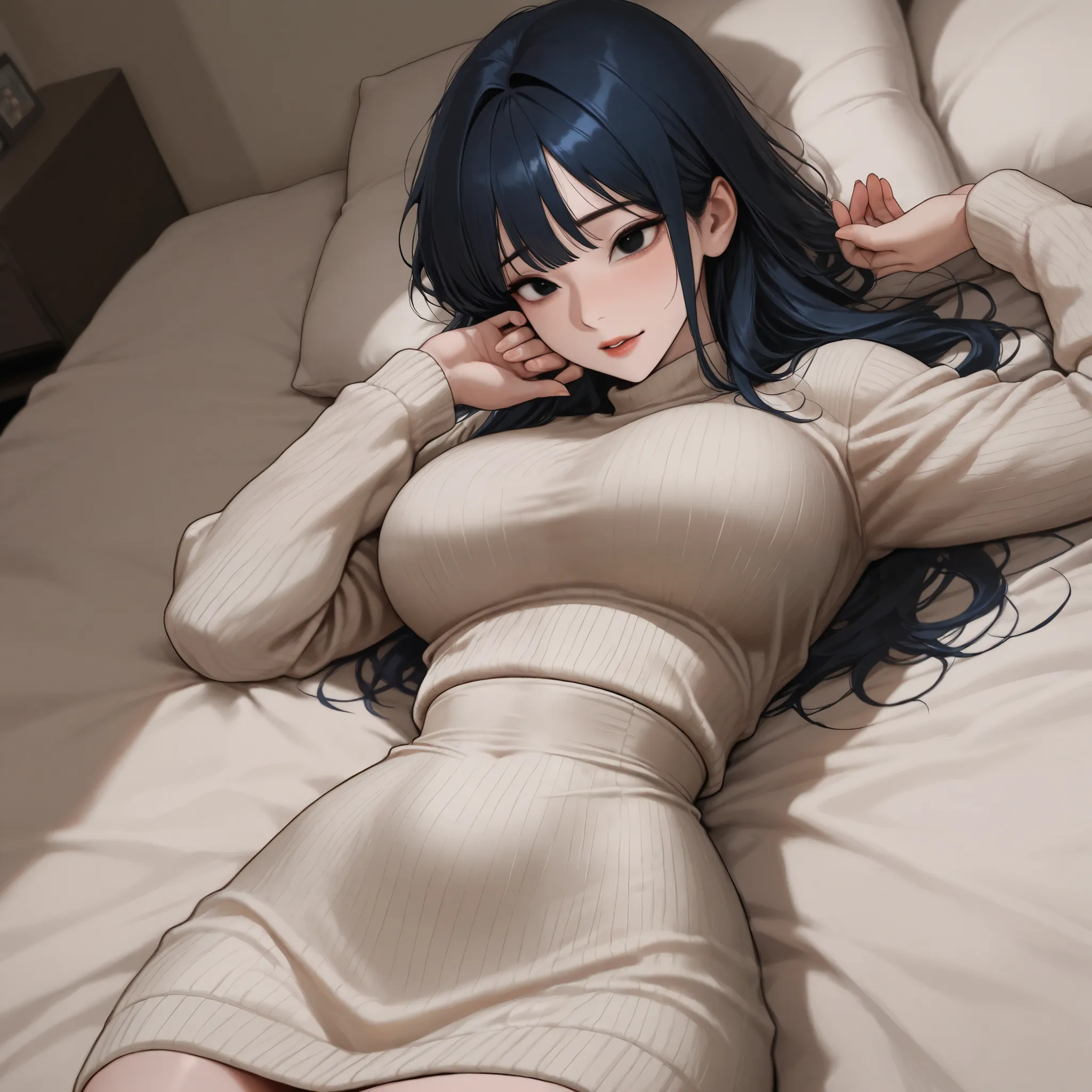 (((work of art))), (4K),  A woman, long dark blue hair, fringe, Expressive black eyes, Korean, detailed face, lying in bed, breast very large sweater,  thin waist, thin and tight sweater, looking at spectator 