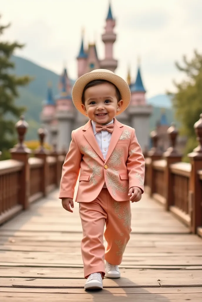 8K Ultra Quality - A baby cute face in a peach and ivory floral-patterned designer suit, walking on a fairy-tale wooden bridge runway, with a magical castle behind.