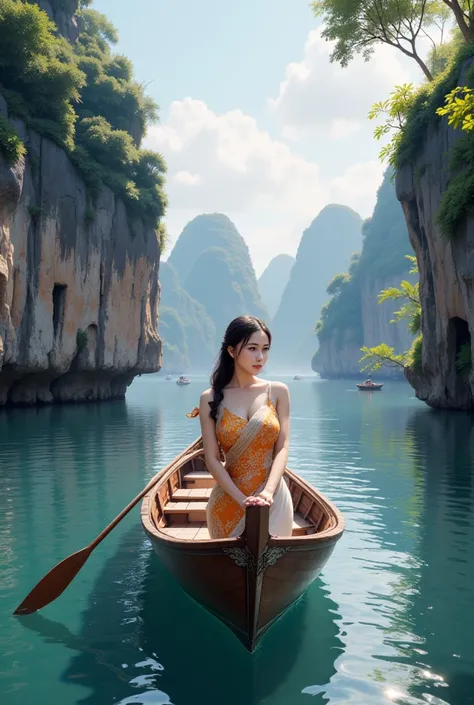 A beautiful thai woman on a long-tail boat sailing between the towering limestone formations of Phang Nga Bay