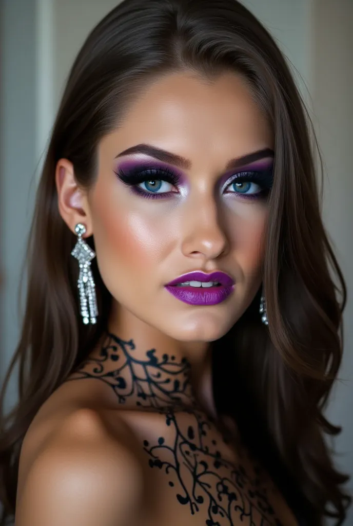 outrageously long and voluminous lash extensions., laughs a lot, latex suit, diamond ear earrings, black hair, purple lips, bright black makeup