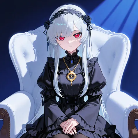  a , girl, wearing a, Sitting in an armchair, gothic dress,  black dress, long hair, gray hair, Red Eyes,A golden necklace, A crown of thorns, black crown,