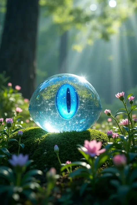 In the center of a mystical forest, a transparent crystal dragon eye glows with an inner radiance, where swirling rainbow hues flow like a river of light, hinting at boundless energy. The background is a dreamlike forest, with dappled sunlight filtering th...