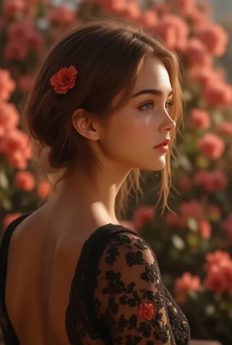 (akaninbat) 8k, masterpiece, highest quality, elegant, 1girl, black lace dress, floral hair accessory, soft makeup, delicate features, floral background, pink and orange flowers, studio lighting, high-resolution, fashion photography, beauty portrait, soft ...