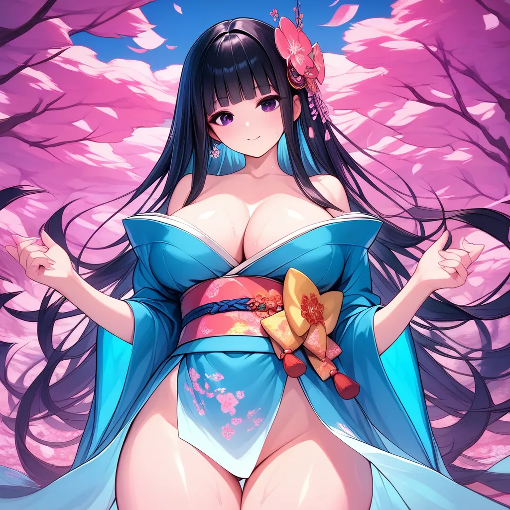 masterpiece,realistic,gradation,masterpiece,16k or 8k,ultra detailed,Home,1 woman is, huge breasts , kimono,seducing expression, seductive thighs,big thighs, safe delivery type,black eyes,pupil,long hair,blunt bangs, black hair,cute face,Detailed eyes,curv...