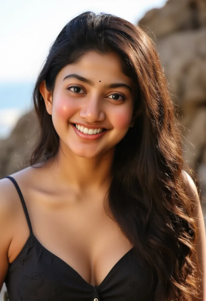 Sai pallavi, A tall slender adult woman standing in beach, She is wearing a black two piece bikini dress, ((big_breasts)), collarbone, big head, (photorealistic:1.2) (best quality) (intricate details) (8K) (High Poly) (ray tracing) (cinema lighting) (sharp...