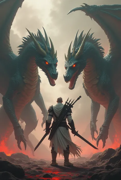 A group of fierce demonic giant dragons attacking a man in white skin and warrior armor with two swords in his hand, a bow and arrow in his back, a katana in his waist and a sledgehammer in his back. 