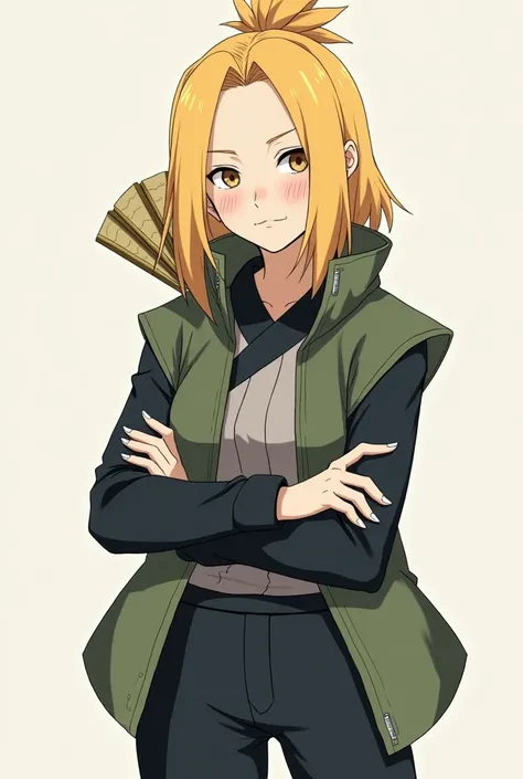 • She usually crosses her arms or tilts her head a little when analyzing something, a detail inherited from Shikamaru that highlights her look:
 • Hair : Blond like her mother Temari, but with a slightly warm shade due to her heritage of Suna, with bandage...