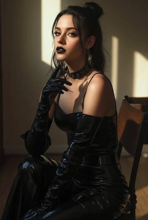 Full length photo, black latex wide pants, black latex gloves, she is wearing shiny black lip gloss, latex shoes, latex collar, black eyeliner, extreme black makeup, in a dimly lit room with sunshine coming in through the window,  sit on chair with her bac...