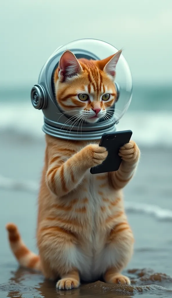 A light beige cat with realistic stripes wears an open space helmet. It is on the seashore,  with soft waves in the background  .The cat holds a smartphone with both legs, looking at the screen with a curious expression.  your mouth is open,  as if speakin...