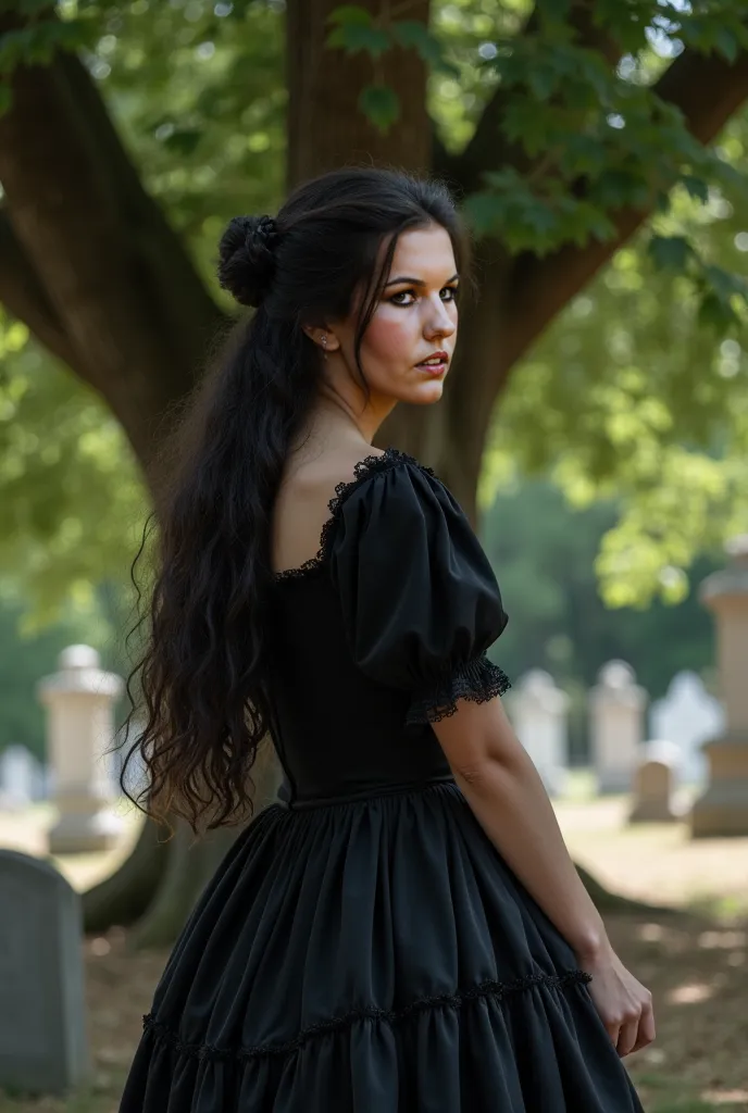 White Woman, black hair, greetings and wavy, black dress, ancient, of the period, black round skirt with black ruffles, Woman in front of a big tree, full of leaves , many green leaves, Focus on the tree, fundo de um cemitério ancient, with headstones on t...