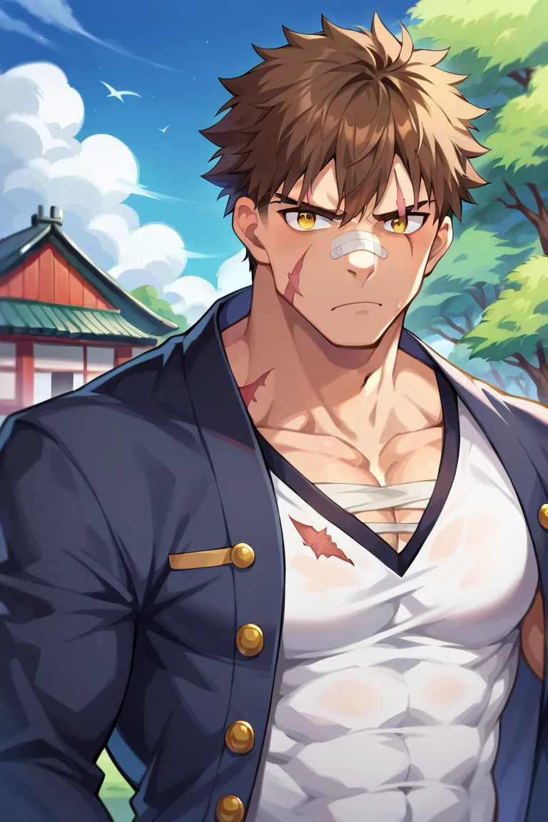 sole boy, school uniform, muscular, wide shoulders, serious, frowning, brown hair, yellow eyes, doudanuki masakuni, scarred body, bandages around abdomen, messy hair, traditional japanese house background, horizontal scar across nose, horizontal scar acros...