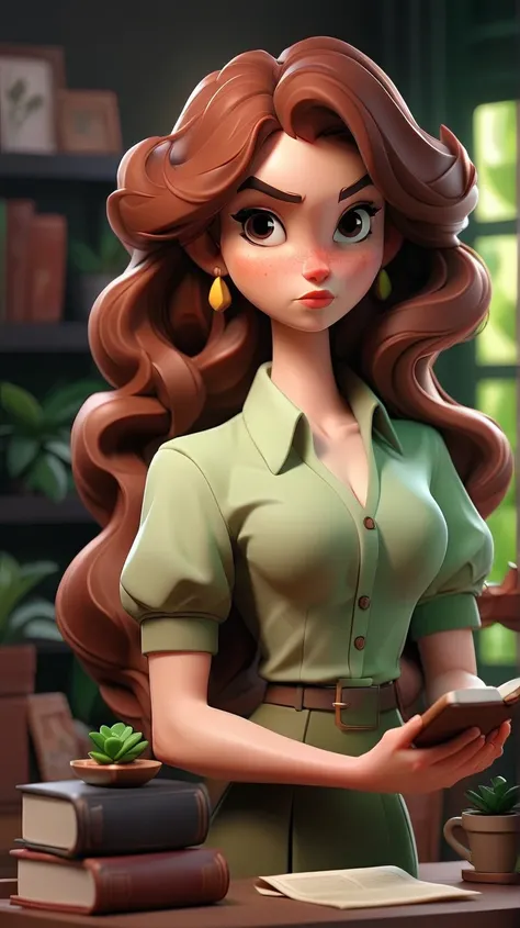 The woman in the image should be represented in pixel art with shadows and depth, maintaining her main features, such as wavy brown hair, an elegant green outfit, and a friendly expression. The surrounding environment should also be recreated in 3D pixel a...