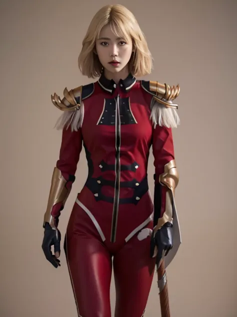 solo, 1girl, cha hae-in, expressionless, looking at viewer, blonde hair, red armor, black collar, shoulder armor, long sleeves, gauntlets, pelvic curtain, red leggings, masterpiece, best quality, rating: general, newest 