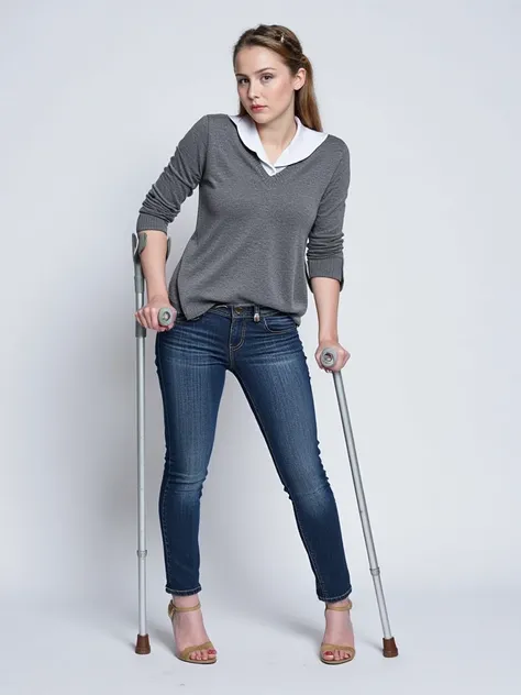 Highest quality (10 GB, high resolution, 1.5 "masterpieces"), excellent detail (realistic, photorealistic image). A beautiful girl leans on two crutches. One leg is amputated. Long hair is gathered in one braid. She is wearing a school uniform with a white...