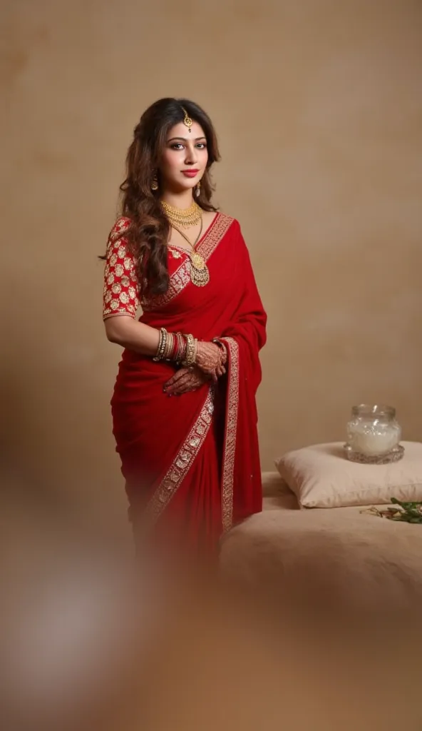 A woman wearing red saree and 
tight blouse  standing next to bed with milk glass 