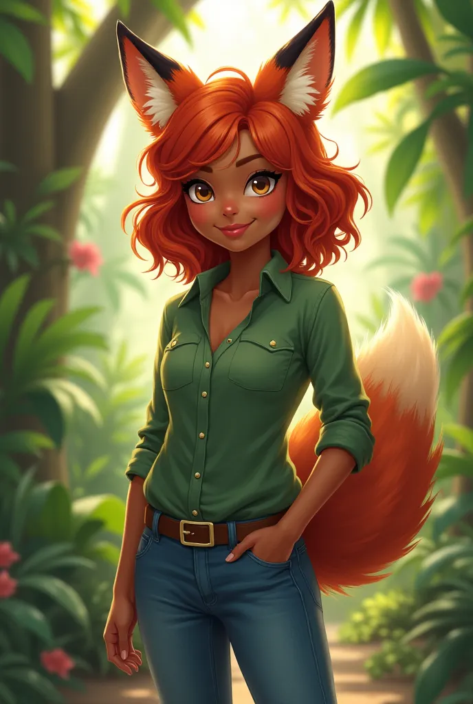 (masterpiece, best quality:1.3), zoologist, green shirt, dark-skinned female, jeans, (cute:1.2), fox girl, red hair, fox ears, fox tail, 