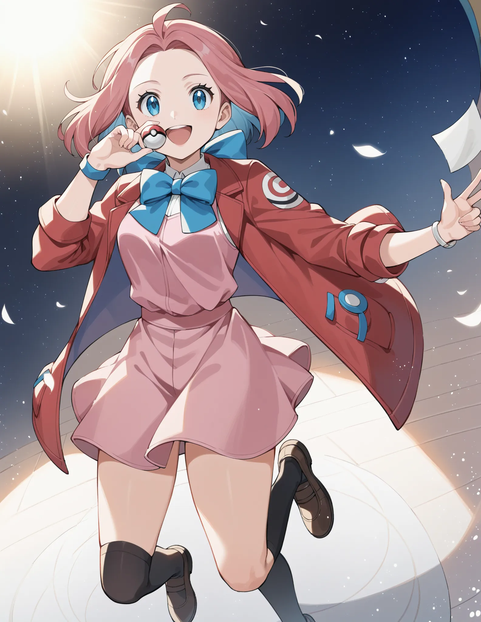  score_9,  score_8_up,  score_7_up,  source_anime, rating_safe,  spend a peaceful time \(Pokémon\), 1 girl,  above Decorati has , neck bow,  blue ribbon, pink shirt, sleeveless, Bare wrist, red jacket, pink skirt, black thigh high socks, Dutch Angle, hand ...