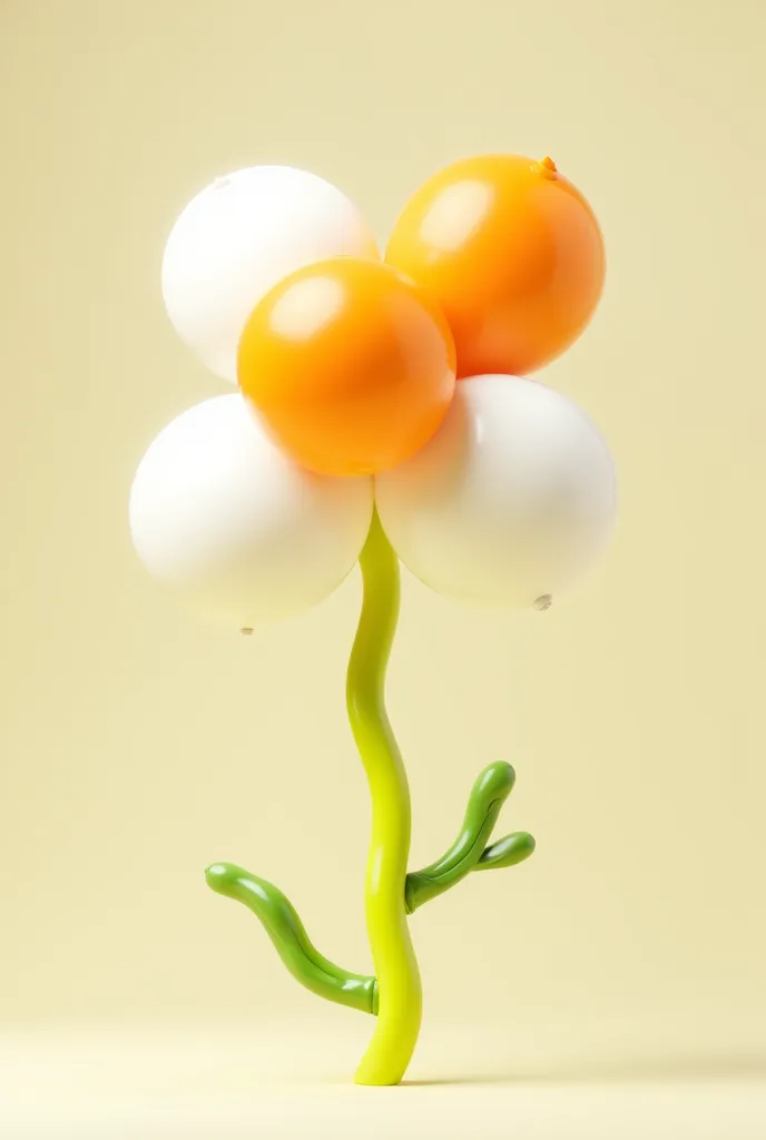 A stylized cartoon flower, rendered in a 3d style.  Whimsical and playful, the flower is composed of inflated balloons in white and orange, with a bright, almost fluorescent greenish-yellow stem that is a winding, slightly abstract  shape,like a curly or c...