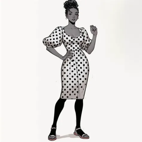 cartoon of a woman in a polka dot dress with a black and white polka dot dress, noir film world character design, full body illustration, inspired by Milton Caniff, inspired by Barkley Hendricks, full - body portrait, full-body portrait, in style of nadine...