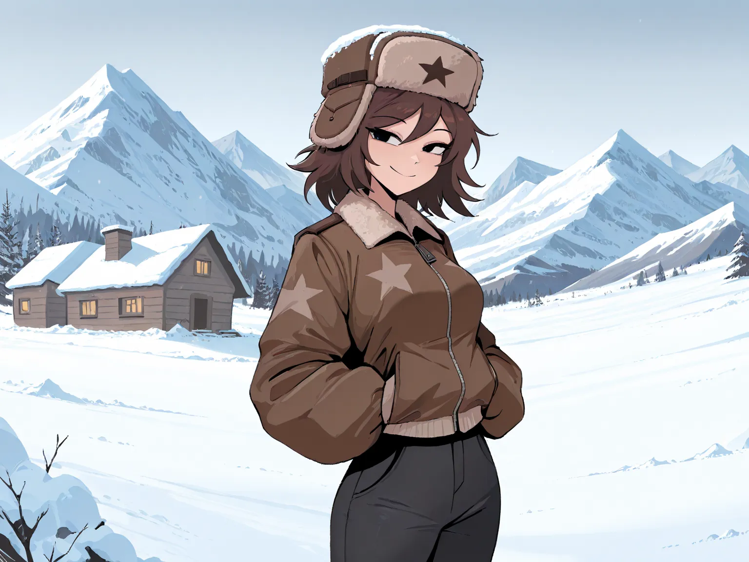 mythp0rt, AliceFPE, 1girl, solo, medium hair, brown hair, black eyes, smile, bomber jacket, ushanka, pants, , cowboy shot, outdoors, snow, winter, house, mountain, masterpiece, best quality, amazing quality, very aesthetic, absurdres, newest, scenery, 