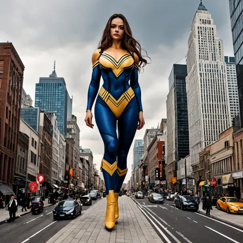 a photorealistic picture of a  Giantess Asian model. she is really really big compared to normal people and the buildings. she is as tall as a skyscraper, show this. she is gigantic. she is dressed like the marvel x-men character rogue