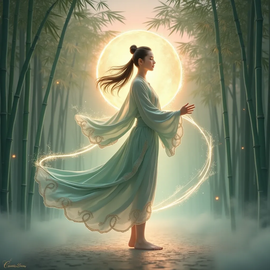 Create a stunning digital artwork of a qigong practitioner in a serene, flowing pose, exuding balance and vitality. The figure, a lean and graceful individual, stands barefoot on a misty bamboo forest floor, their eyes closed in deep focus. They wear a loo...