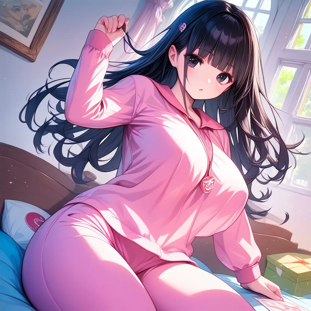 masterpiece,realistic,gradation,masterpiece,16k or 8k,ultra detailed, inside the house,1 woman is, huge breasts , pink pajamas,seducing expression,Estrus, seductive thighs,big thighs, safe delivery type,black eyes,pupil,long hair,blunt bangs, black hair,cu...