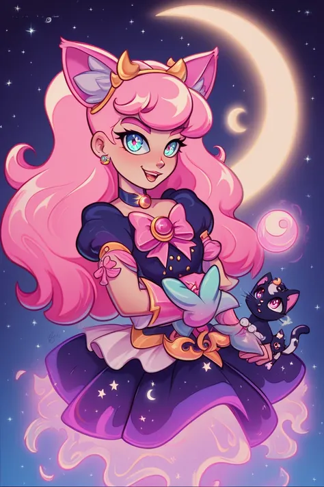 a young girl with long hair,Full red red,Wearing magical girl clothes inspired by the moon super colorful in pastel colors,With varies and some effects inspired by moons cats,tape,model sheet