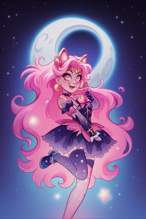 a young girl with long hair,Full red red,Wearing magical girl clothes inspired by the moon super colorful in pastel colors,With varies and some effects inspired by moons cats,tape,model sheet