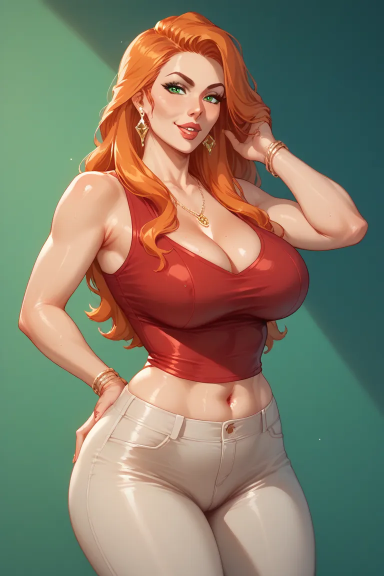 1 milf, orange hair, long straight hair, red sleeveless t-shirt with open neckline, bare navel, green pupils, pale brown tight pants, wide hips