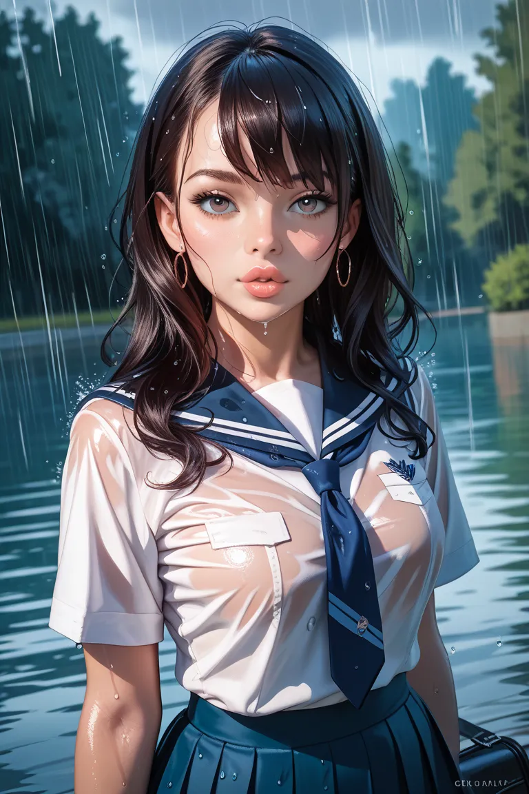 Japanese、 high school student　、uniform　、Wet、Fair skin、long hair　 sagitales　Thick lips