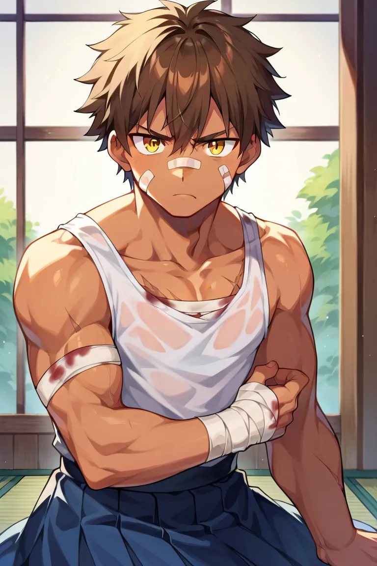 sole boy, japanese school uniform, muscular, wide shoulders, serious, frowning, brown hair, yellow eyes, doudanuki masakuni, scarred body, bandages around abdomen, messy hair, traditional japanese house background, diagonal scar across nose, young