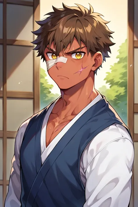 sole boy, japanese school uniform, muscular, wide shoulders, serious, frowning, brown hair, yellow eyes, doudanuki masakuni, scarred body, bandages around abdomen, messy hair, traditional japanese house background, diagonal scar across nose, young