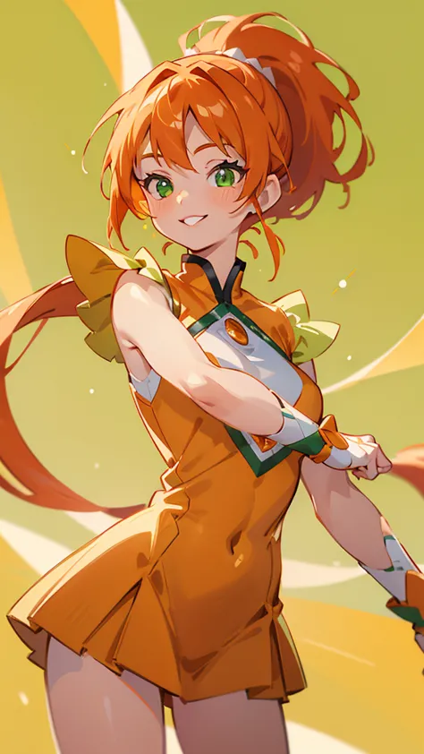 (masterpiece、Best Quality)、exquisite details、8k、sharp focus、(Bokeh) (Best Quality) (Skin refinement :1.3) (exquisite details) (8k) (Details) (anime)、 orange-themed clothes、orange hair、ponytail、Sparkling green eyes、bold pose、cowboy shot、smile、Yellow-green b...