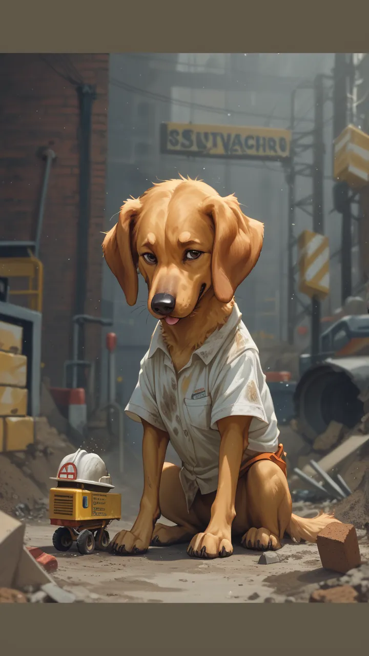 Little yellow dog with dirty white shirt working as a bricklayer 